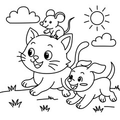 Cute cartoon cat with a smiling mouse on its head in a coloring page style. Fun and simple line art for kids, featuring animals in a sunny outdoor scene.