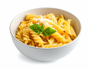 A white bowl holds a cooked Italian pasta dish with sauce