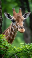 Fototapeta premium Giraffe portrait among leafy green branches in natural habitat close up of face and neck looking out animal wildlife outdoor