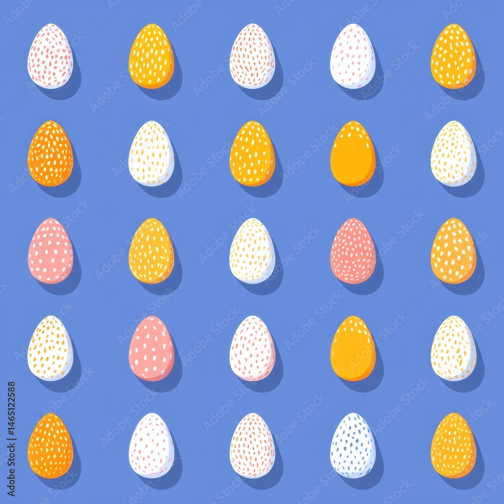 Poster Symmetrical Flat Pattern Featuring Small Multicolored Egg Icons Against a Blue Background in a Repeat Design Generative AI