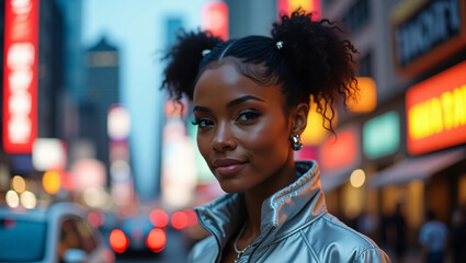 A captivating woman with distinctive curly hair in an urban cityscape at dusk 
