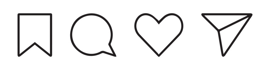 Instagram social media like comment share save icon collection in line style. Set of social network user interface button icons on white background. Vector illustration. eps file