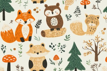 Obraz premium Pattern of adorable woodland animals including a fox, owl, and squirrel among trees and mushrooms