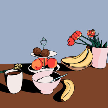 Healthy Food and Beverages Breakfast with Yogurt, Oatmeal, Coffee, Banana, Avocado, Peaches, and Flowers. Vector Illustration Scene on a Pale Blue Background and Brown Table