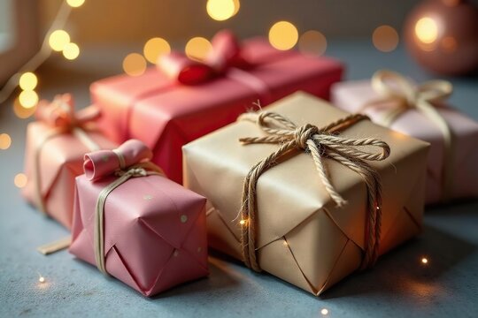 Elegantly wrapped gifts, soft light, jute twine , warm, shadow, paper