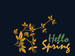 Elegant Hello Spring Design with Golden Branch and Green Lettering on Dark Blue Background