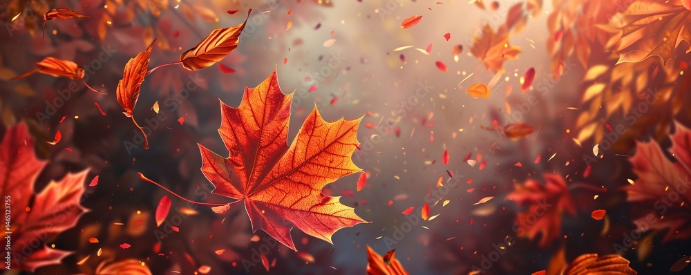Aufkleber single red maple leaf is falling from a tree in autumn, surrounded by other leaves and a blurred bac