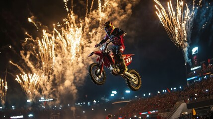 Exciting motocross rider performing thrilling jump during nighttime event with vibrant fireworks illuminating the sky in a spectacular display of energy and adrenaline