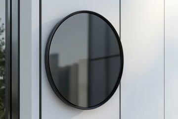 Round black wall mirror on a white wall.  Modern design, circular shape, minimalist aesthetic.  Dark glass reflecting the surrounding environment