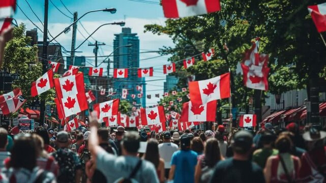 Crowd of diverse people celebrating with Canadian flags in a city street. Bright day with trees lining the road and buildings in the background. Festive atmosphere.