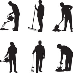 Gardening Silhouettes: Engaging silhouettes illustrating diverse gardening activities, symbolizing the nurturing act of cultivating nature and embracing the serenity of outdoor living.