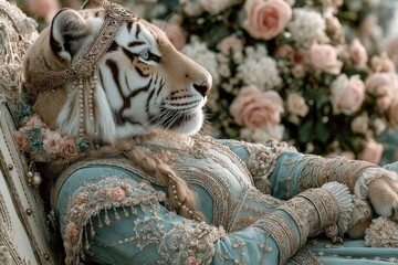 Majestic tiger adorned in elegant attire surrounded by blooming flowers in a serene setting