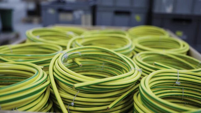 Coiled yellow cables in an industrial production plant
