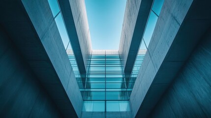 Obraz premium Looking up at angular concrete beams and grid glass facade with blue sky, urban construction with geometric perspective