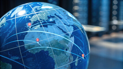 Detailed holographic globe showcasing geographical features and highlighted locations, symbolizing global connectivity
