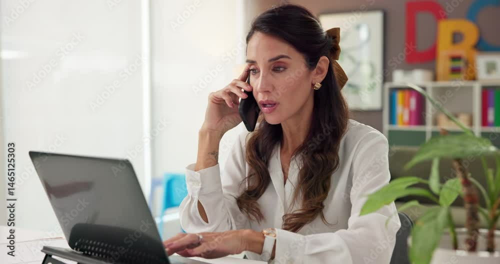 Poster woman, teaching and document with phone call in office for discussion, prepare lesson and class sche