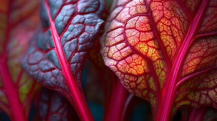 Naklejka premium Vibrant red and yellow leaves, detailed venation shown