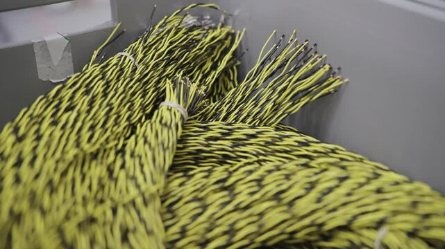 Neatly coiled industrial cables placed inside a container