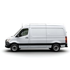 A white delivery van is isolated on a plain white background