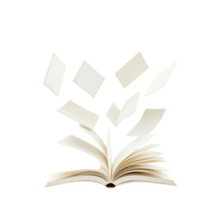 An open book with flying pages in mid-air.