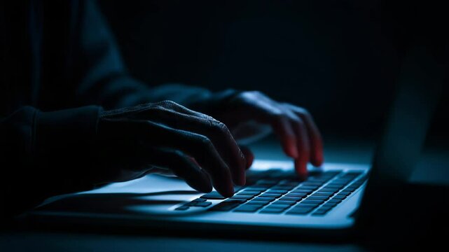 Close up on hacker hands typing on laptop in dark