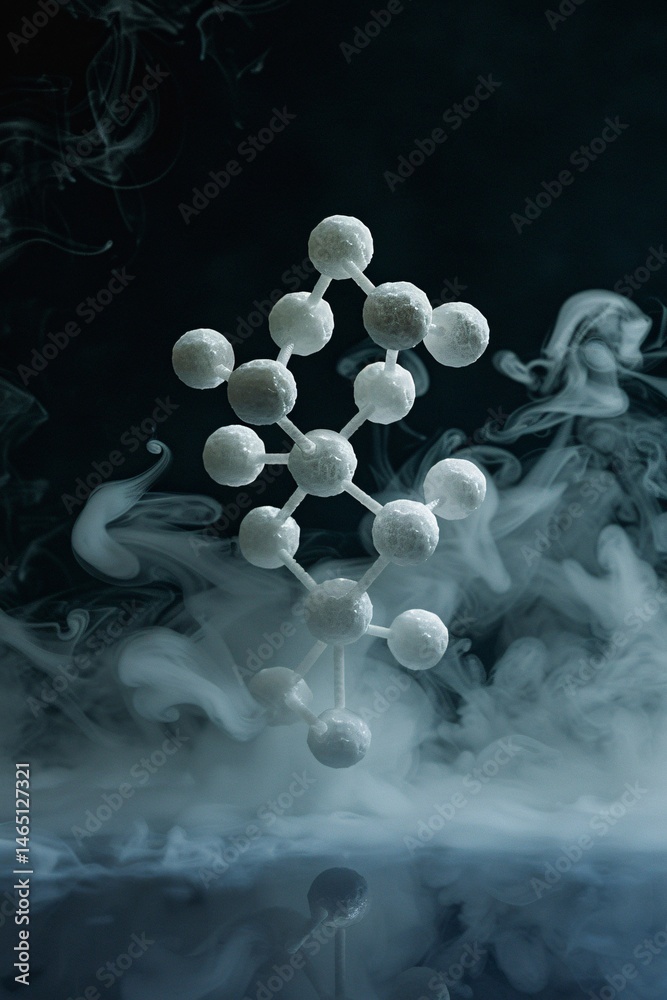 Poster white molecular model is surrounded by a misty vapor with reflection