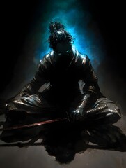 Naklejka premium The Silent Warrior's Resolve: An enigmatic figure of a samurai, silhouetted against a mystical blue aura, embodies the spirit of strength and discipline.