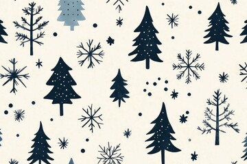 Obraz premium A whimsical winter-themed pattern featuring various stylized trees and snowflakes on a light background