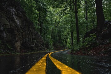 Rain-slicked forest road