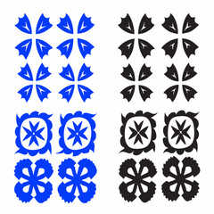 These appear to be a collection of abstract, stylized icons or symbols, primarily in blue and black. They include various shapes such as spirals, floral patterns, geometric designs, and representation