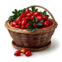 A woven basket overflowing with vibrant red rosehips, some spilling onto the white surface below.