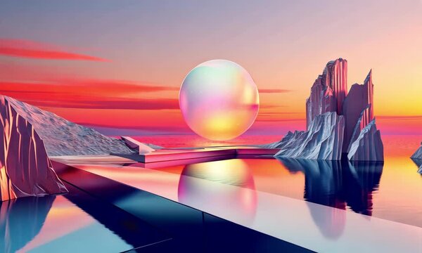 Abstract surreal landscape with mountains, water, and a reflective sphere. A serene and dreamlike scene with vibrant sunset colors and geometric shapes, creating a modern and conceptual background.