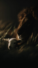 A passive scene featuring a leo and a lamb together, symbolizing harmony and tranquility.