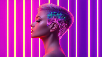Futuristic pixie cut with holographic highlights shines under vibrant neon lights, creating striking visual contrast. model profile showcases modern hairstyle that embodies creativity and style