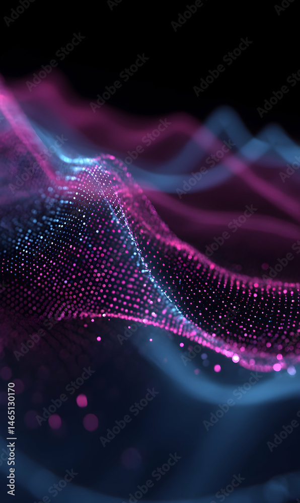 Poster ethereal data visualization with flowing network of interconnected nodes in vibrant colors