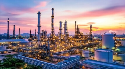 Fototapeta premium Industrial Landscape of Oil Refinery with Bright Lights Under Sunset Sky, Showing Complex Structures and Equipment in a Modern Factory Setting