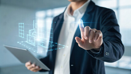 Innovative technology digital interface holographic display business professional tablet device modern workspace interactive