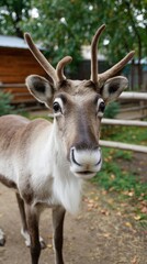 Naklejka na ściany i meble Captivating Portrait of a Young Reindeer with Velvet Antlers Staring Intently into the Camera Lens