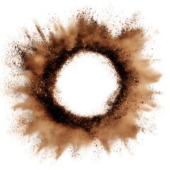 An overhead shot shows a circular arrangement of brown powder scattered on a white background