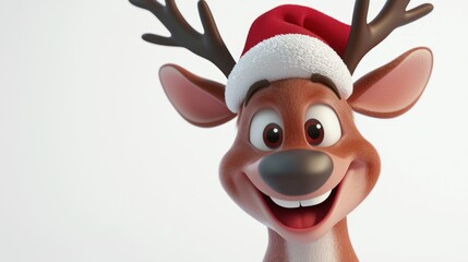 A cartoon reindeer wearing a Christmas hat, with a big smile, on a white background