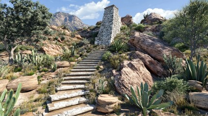 Obraz premium Sunny steps leading upward through a rocky landscape.