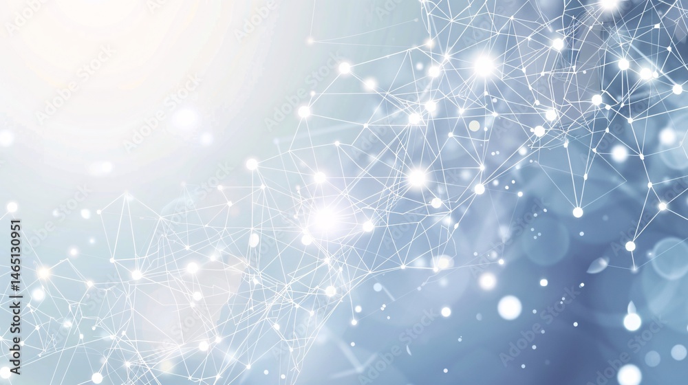 Poster Global digital data communication depicted through abstract network connecting dots and lines with light particles on blue background
