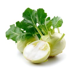 Two kohlrabi bulbs are displayed, one cut in half to reveal its white interior