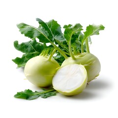 Two kohlrabi bulbs are displayed, one cut in half to reveal its white interior