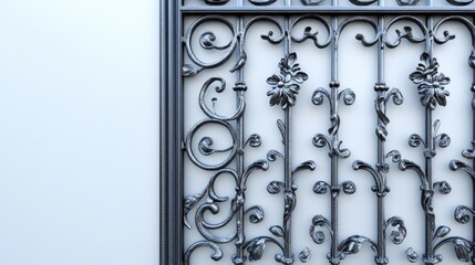 Ornate metal gate panel against a white wall