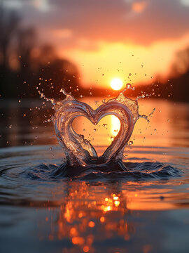 Sunset Heart: Water Splash at Golden Hour