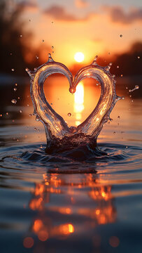 Sunset Heart Water Splash: Romantic Nature Photography