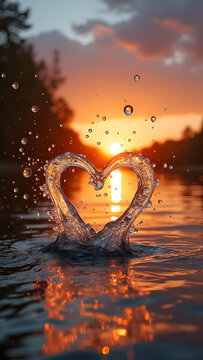 Sunset Heart Water Splash: Romantic Nature Photography