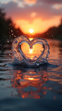 Heart Shaped Water Splash at Sunset: Romantic Nature Photography