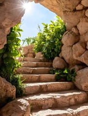 Sunlit stone steps ascend from a cave opening, lush greenery framing the sunlight
